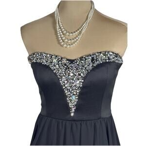 Vintage | Janice | Strapless High Low Dress | Black Sheer Rhinestone| Prom